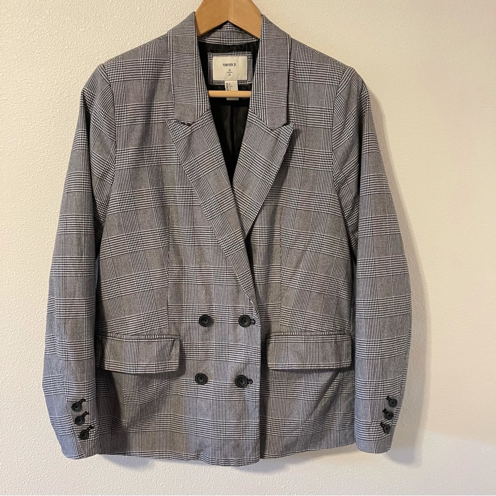 Forever 21 Glen Plaid Double Breasted Blazer Black White-Large